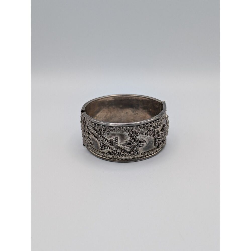 Vtg Moroccan Yemenite Style Silver Tribal Cuff Bangle Wide Hinged Clamper